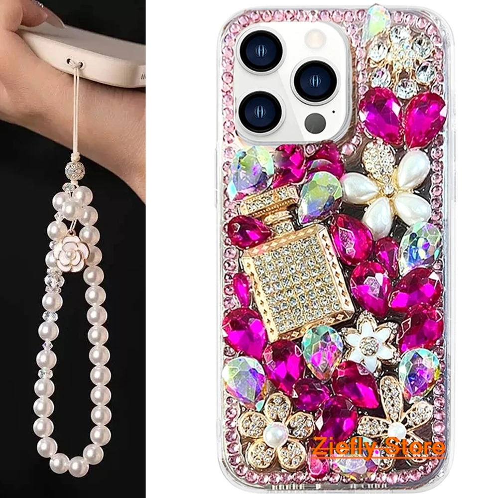 

Bling Rhinestone Perfume Bottle for iPhone 16 15 14 Pro Max XR XS 7 8 Plus Crystal Pumpkin Shell with Pearl Strap Lanyard