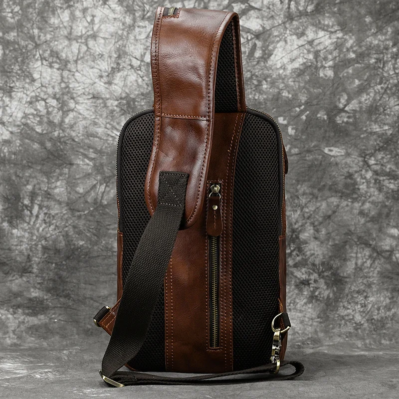 Natural Cowskin Leather Chest Pack Male 100% Leather Shoulder Bag Leather Sling Bag Crossbody Backpack Bag For Mens Large Size