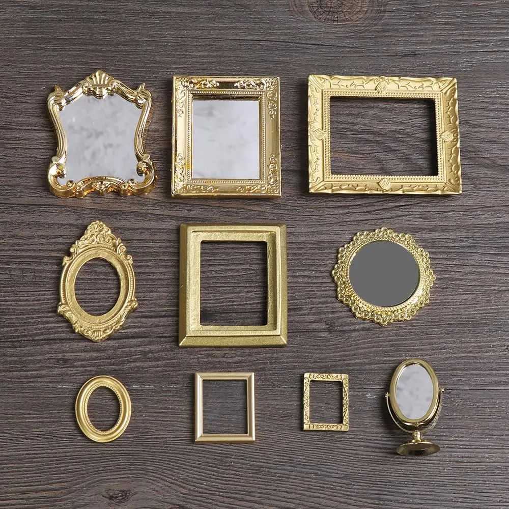DIY Dollhouse Ornament Vintage Furniture European Style 1:12 Scale Doll House Accessories Mini Gloden Frames Miniature Mirror