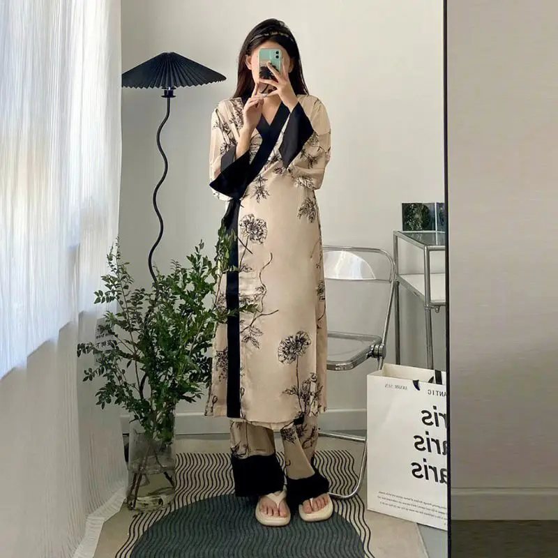 Women Vintage Stain Silk Robe Sleep Suit Pajamas Gown Set Female Patchwork Luxury Home Nightwear Spring Autumn Kimno Loungewear