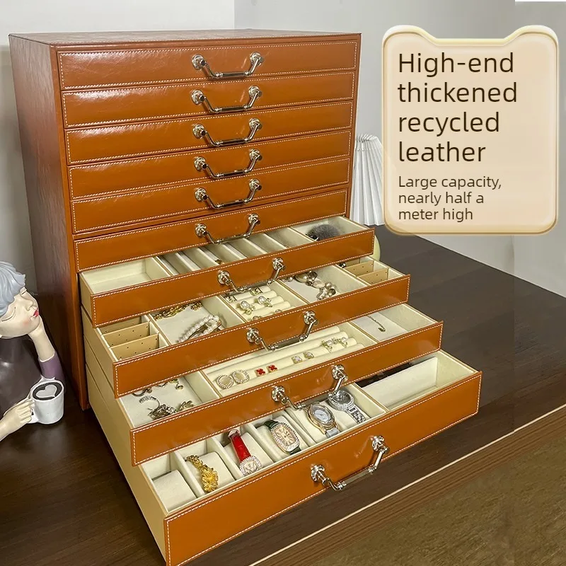Leather Jewelry Box Ten Layer Large Capacity Jewelry Box Retro Luxury Detachable Necklace Storage Case Drawer Ring Earring Cases