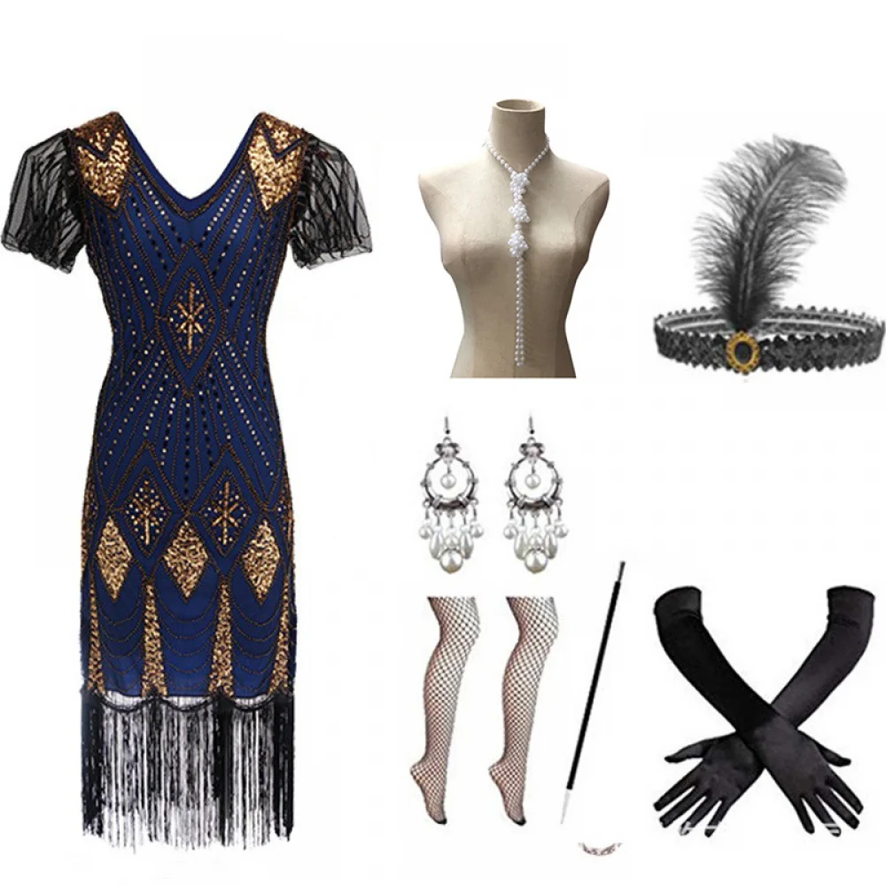 

1920S Great Gatsby Women Sequin Beaded Fringed Flapper Dress 20S Accessories Set Retro Ladies Evening Party Gown with Halloween
