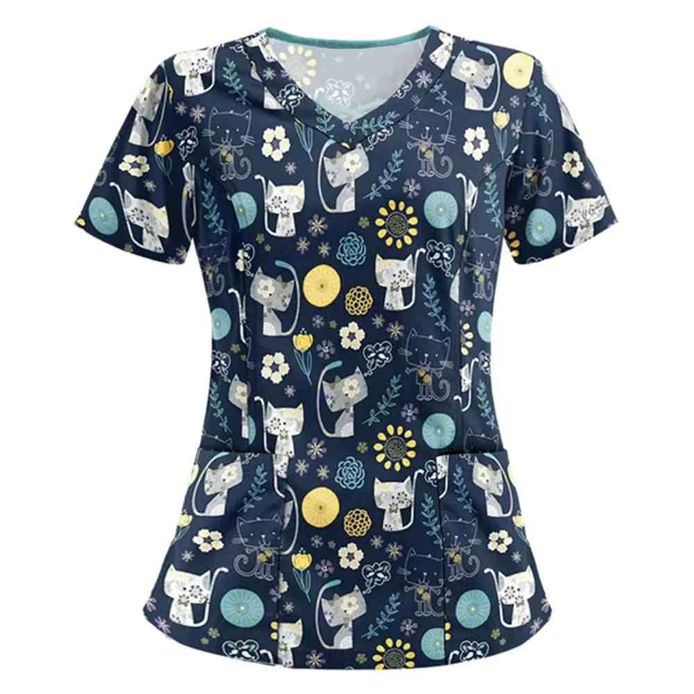 Floral Nursing Scrubs Tops Women Working Uniform Blouse Short Sleeve V-neck Uniform Blusas Nursing Clothes Nurses Tunic Uniform