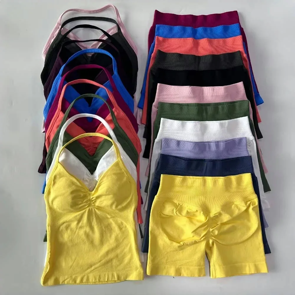 2 Pieces Sports Set Women Yoga Longline Strap Top Scrunch Seamless Shorts Sport Gym Set Sportswear Workout Fitness Set