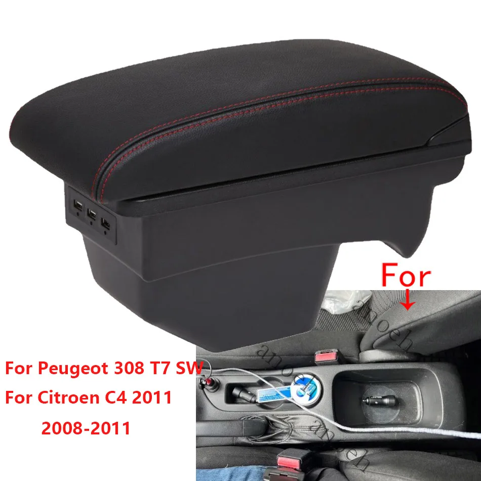 Reposabrazos para Peugeot 308, T7 SW, Citroen C4, piezas de reacondicionamiento, caja de almacenamiento, accesorios USB 2008, 2009, 2010, 2011, 2012