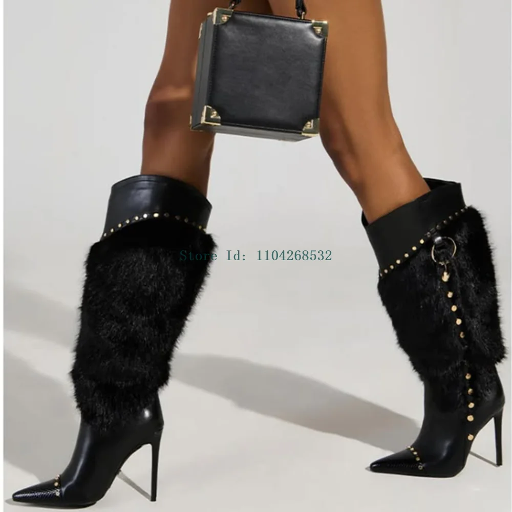 Rivet Black Fur Patchwork Boots Sexy Pointed Toe Stiletto Geunine Leather New Arrilas Fashion Women Runway Boots