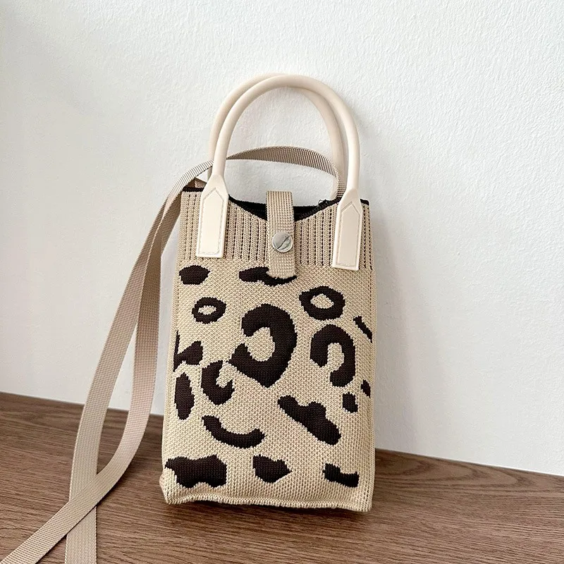 Korean Mini Mobile Phone Bag Version Black and White Spot Knitted Single Crossbody Bags Portable Small Purse Handbag for Women