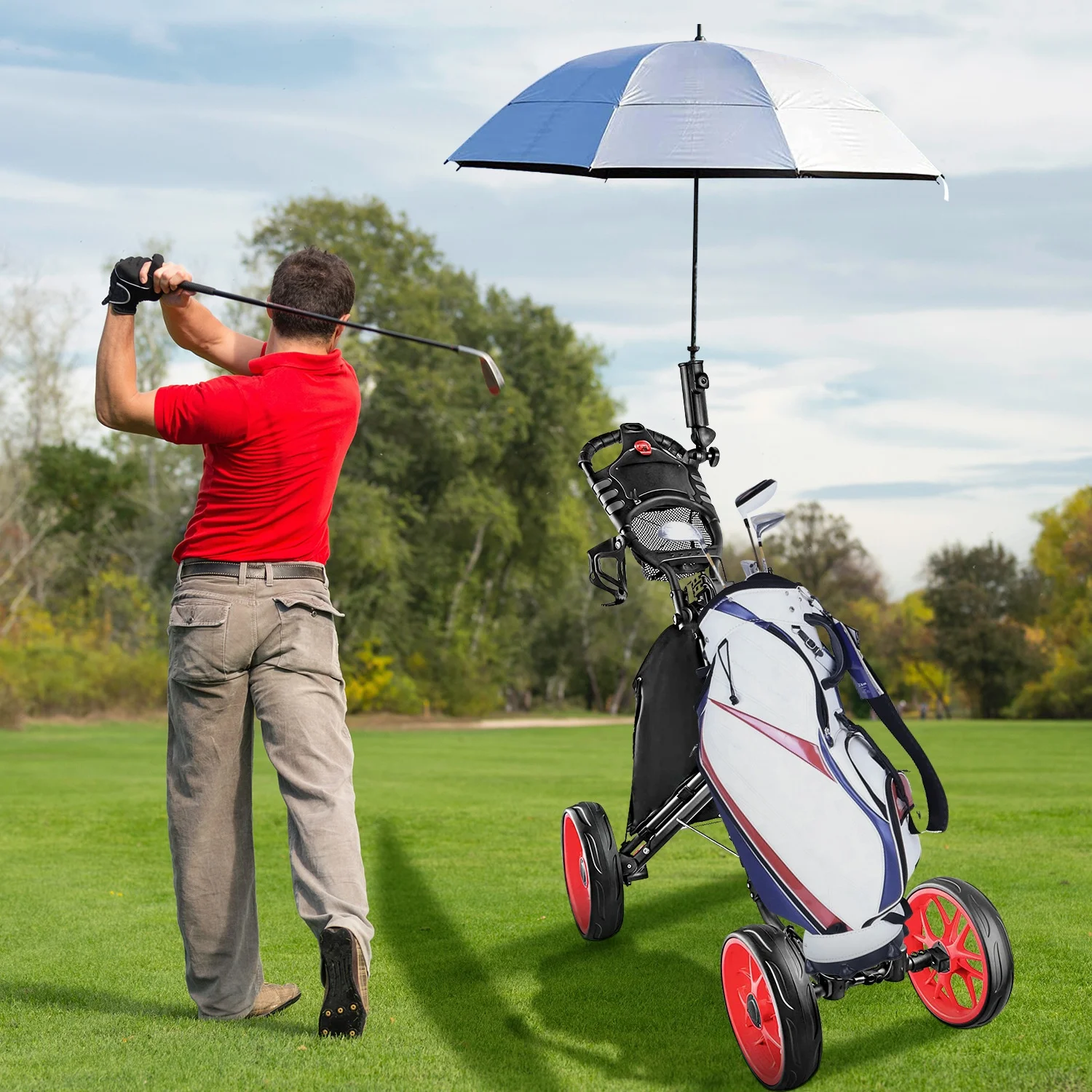 4-Wheel Golf Push Cart Foldable Aluminum Golf Trolley Lightweight Durable Golf Bag Cart With Foot Brake Easy Push/Pull Design