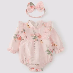 2Piece Autumn Newborn Girls Clothes Chinese Style Cute Flowers Long Sleeve Mesh Princess Bodysuits Baby Boutique Clothing BC1441