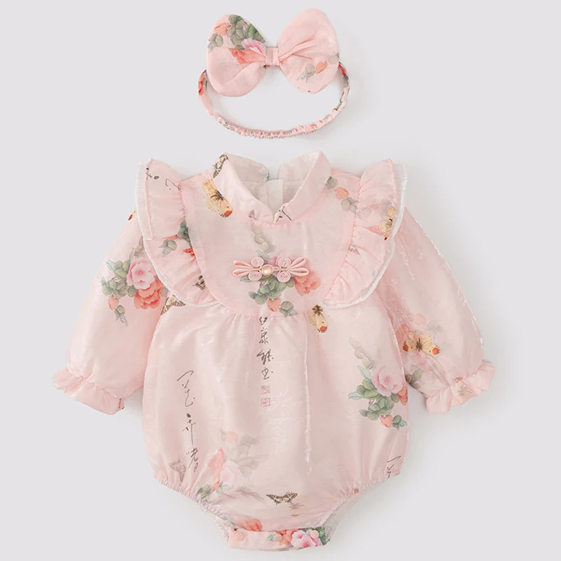 2Piece Autumn Newborn Girls Clothes Chinese Style Cute Flowers Long Sleeve Mesh Princess Bodysuits Baby Boutique Clothing BC1441