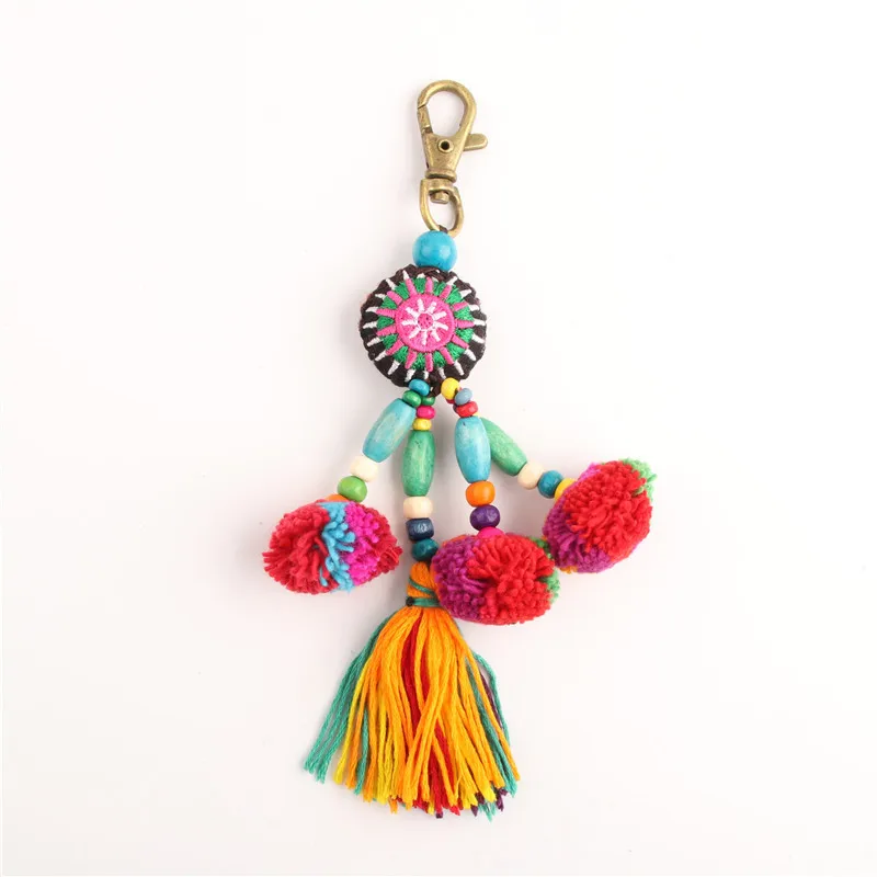 Llaveros con dijes de flores, cuentas de madera con pompón, joyería colorida, estilo bohemio, 1 unidad
