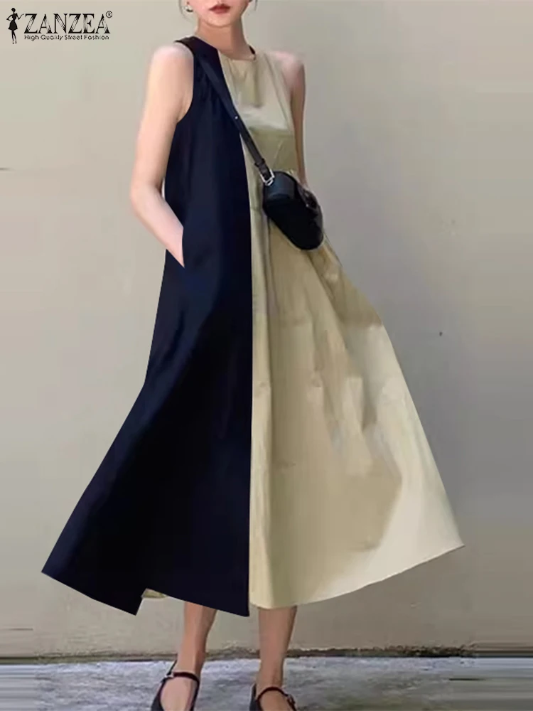

Модное однотонное платье ZANZEA с цветными блоками, повседневный женский длинный сарафан без рукавов, летнее платье на бретелях 2024, праздничные платья с круглым вырезом
