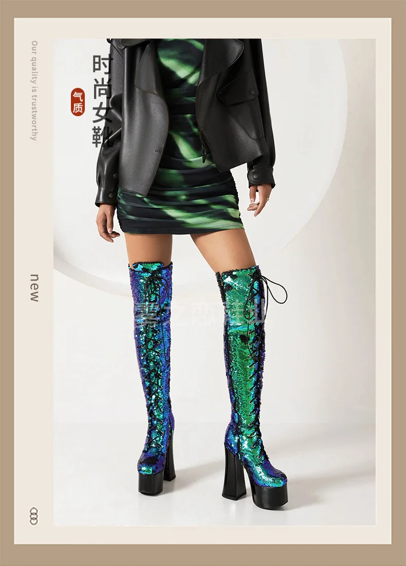 Sexy Glitter Sequins Over the Knee Boots Waterproof Platform Block Heel Sexy Leg Naked Boots Lace Up Zip Plus Size Women's Boots