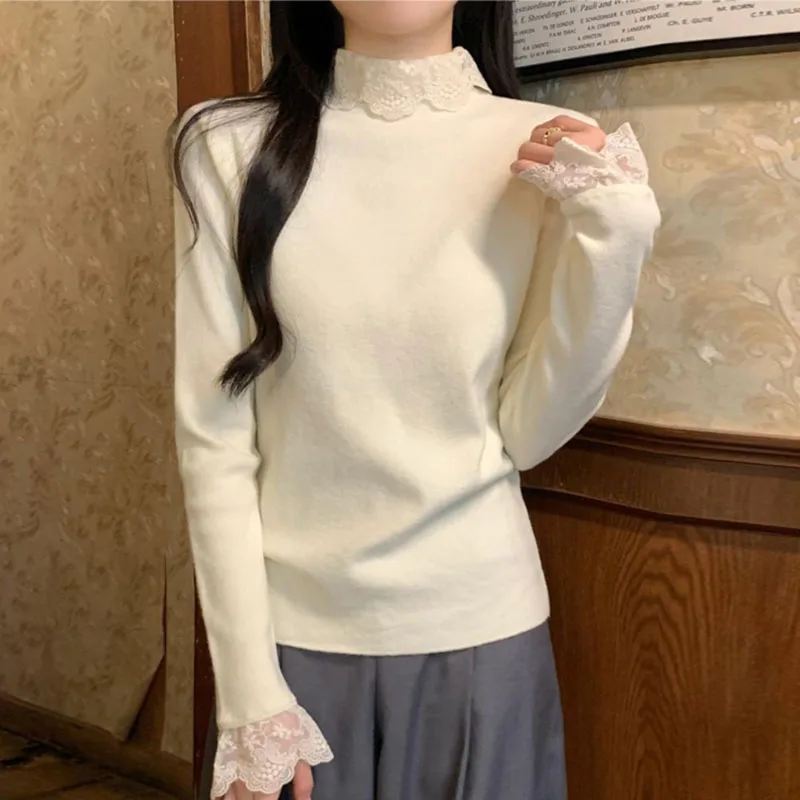 Langarm Spitze Verstärktes Strick Pullover Frauen Pullover Neue Mock Neck Stricken Pullover Pullover Frauen Tops Sueters De Mujer Q180