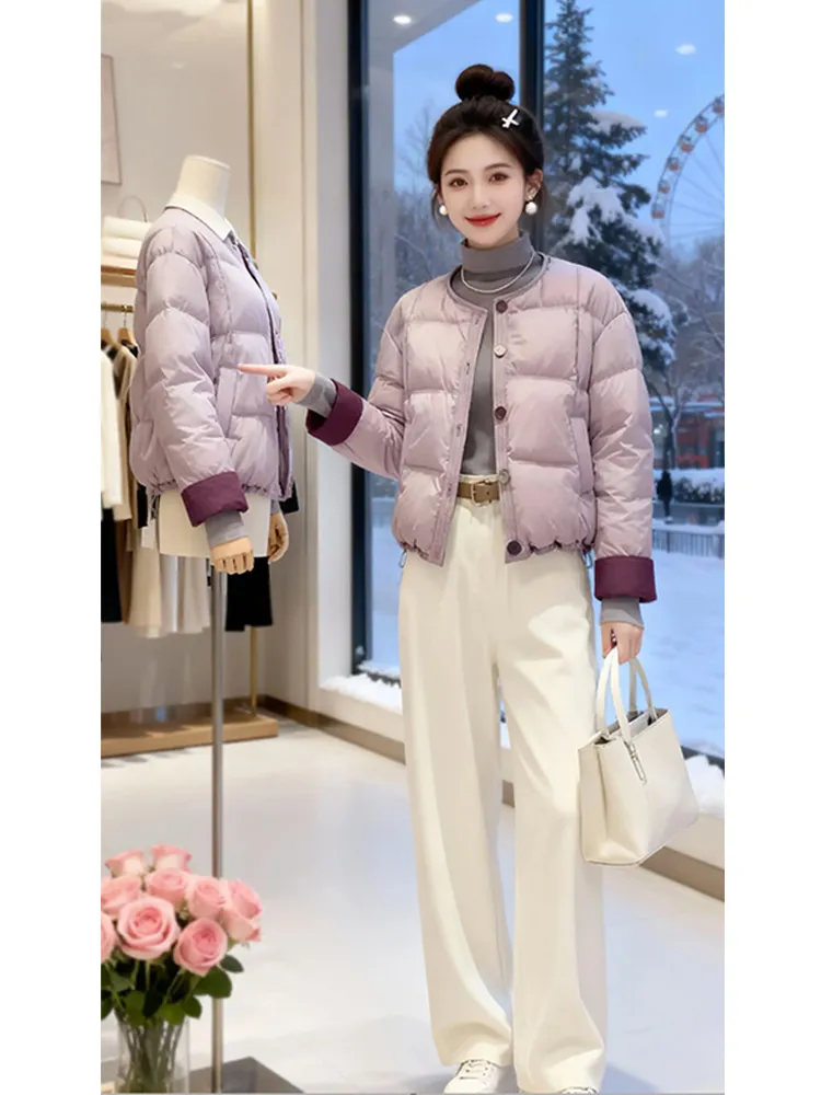 

Ультратеплая зимняя женская хлопковая куртка-пуховик фиолетового цвета, стеганая, повседневная верхняя одежда с круглым вырезом и одной пуговицей