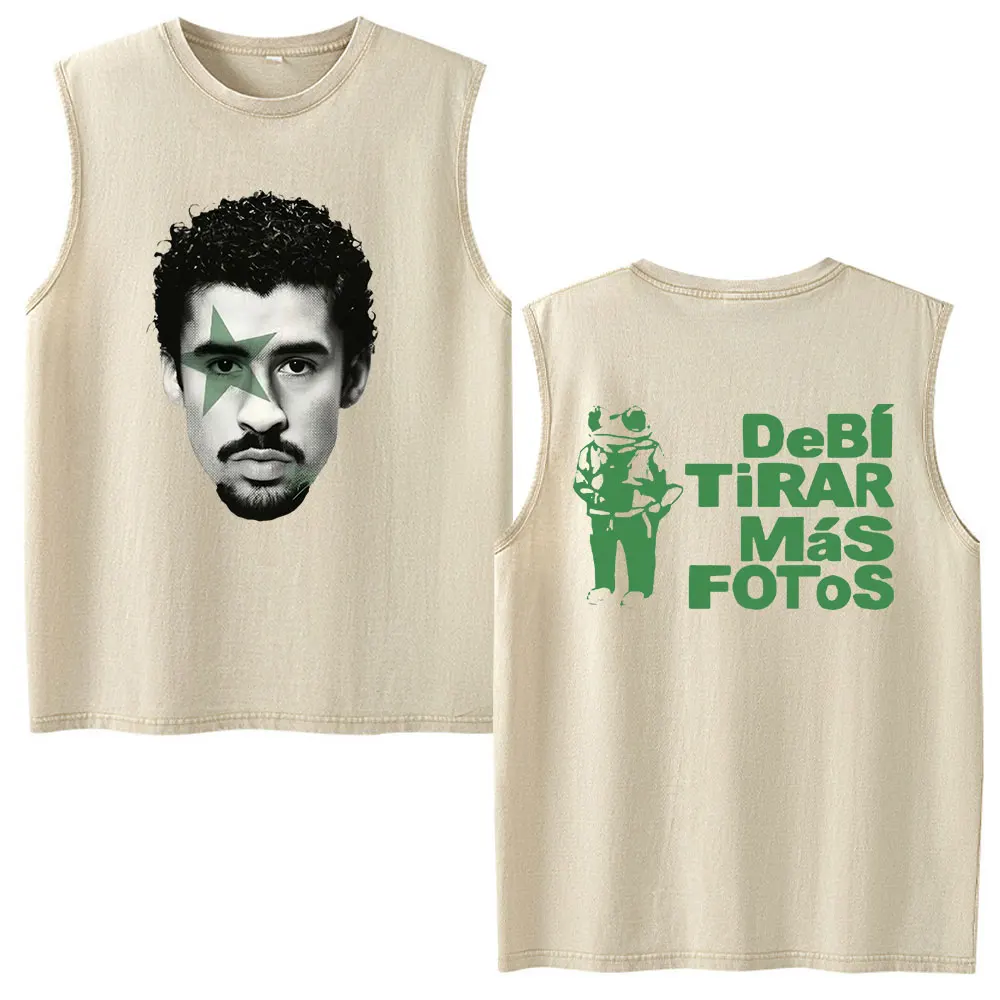 Rapper Bad Bunny Debi Tirar Mas Fotos DTMF Vintage Washed Weste T-Shirt Herren Lässige Mode Hip Hop Übergroße Ärmellose Tanktops – Detail 3