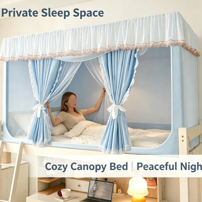 Bed Canopy Curtain With Lace Trim And Dustproof Top For Dormitory Loft Bed Privacy Shelter Home Furniture Utility Equipment Gear