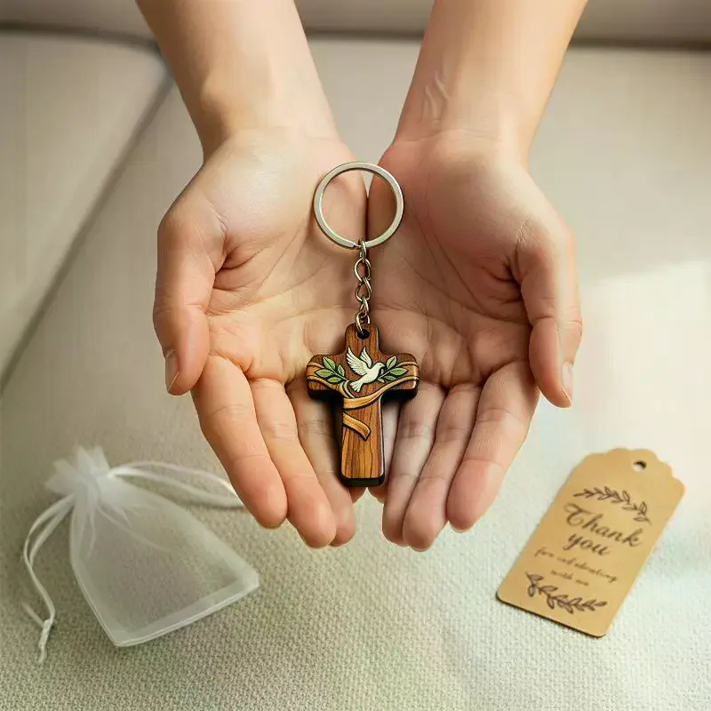 1/3pcs/1set Religious Wood Cross Keychain Favor Bulk Dove Print Organza Bags Tags Baptism Church Wedding Mini Guest Gift Suppli
