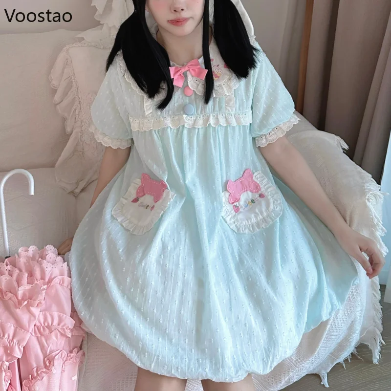 Japanese Sweet Lolita Style Dress Women Kawaii Bow Peter Pan Collar Cartoon Doggy Embroidery Cotton Dresses Y2k Cute Mini Dress