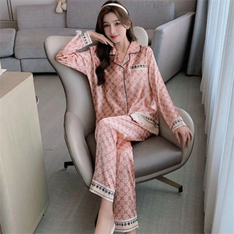 Spring Autumn Ice Silk Pajamas Women Long Sleeve Loose Large Size High-End Loungewear Suit Female Casual Printed Nightclothes