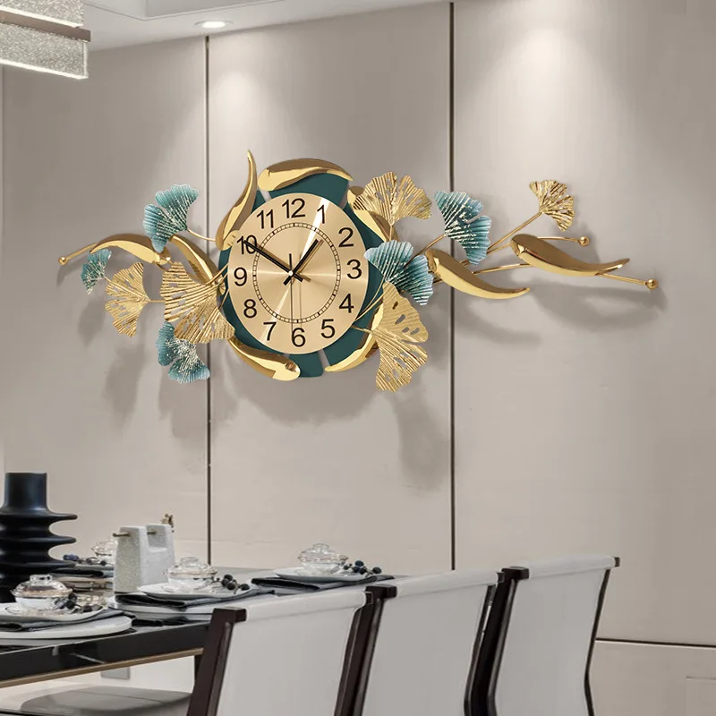 Living Room Creative Metal Decorative Clock Ginkgo Leaf Fish Large Wall Clock Hotel Lobby Home Porch Decorations Silent Watch