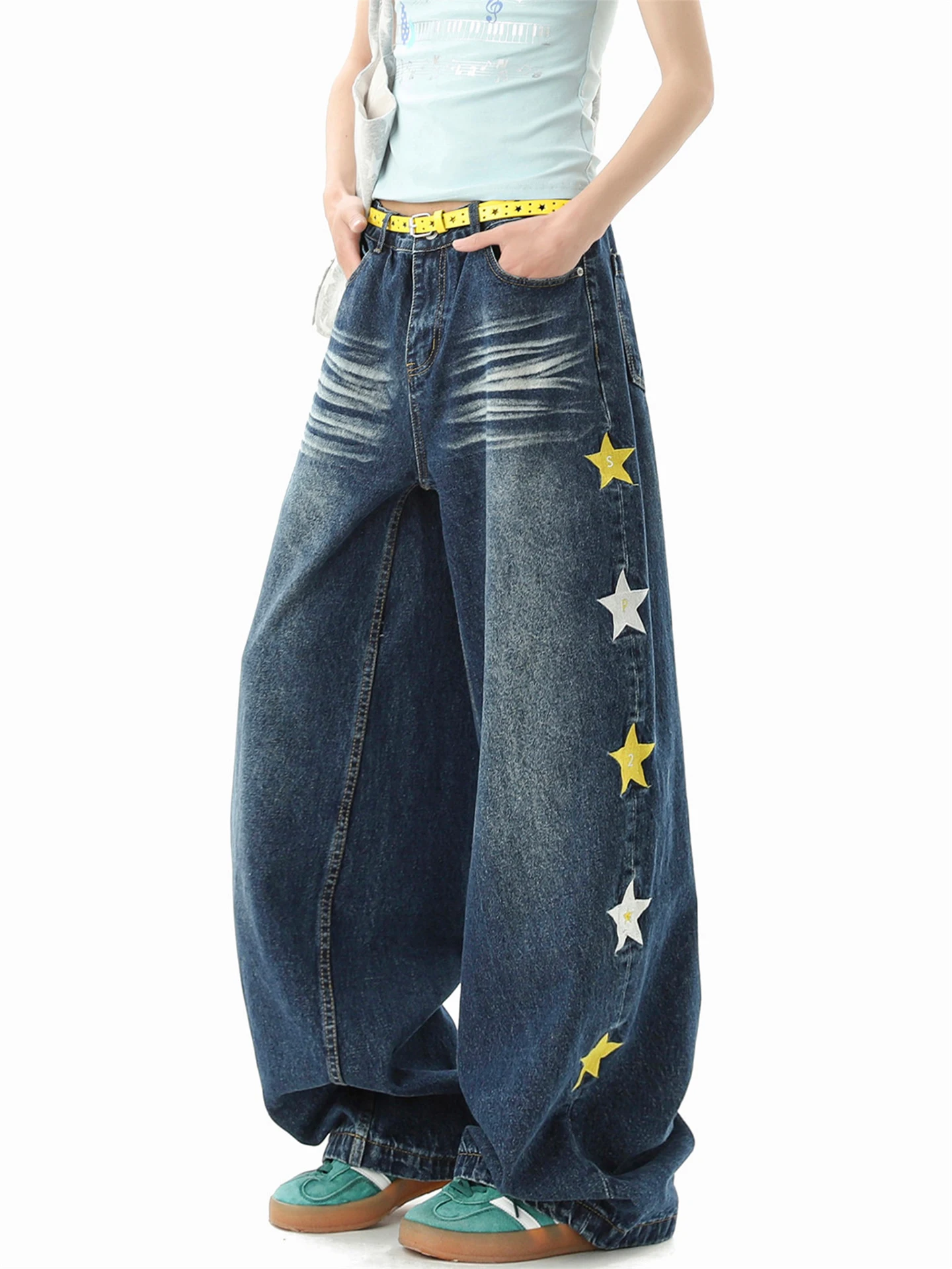 Calças Jeans Unissex de Perna Larga com Bordado de Estrela, Estilo Americano High Street, Corte Reto, Soltas, Casuais e Modernas