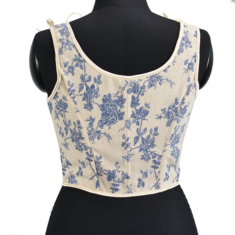 French Straps Court Corset Vintage Large Orchid Print Lace Lace Bandages Overlay Vest Women's Tops