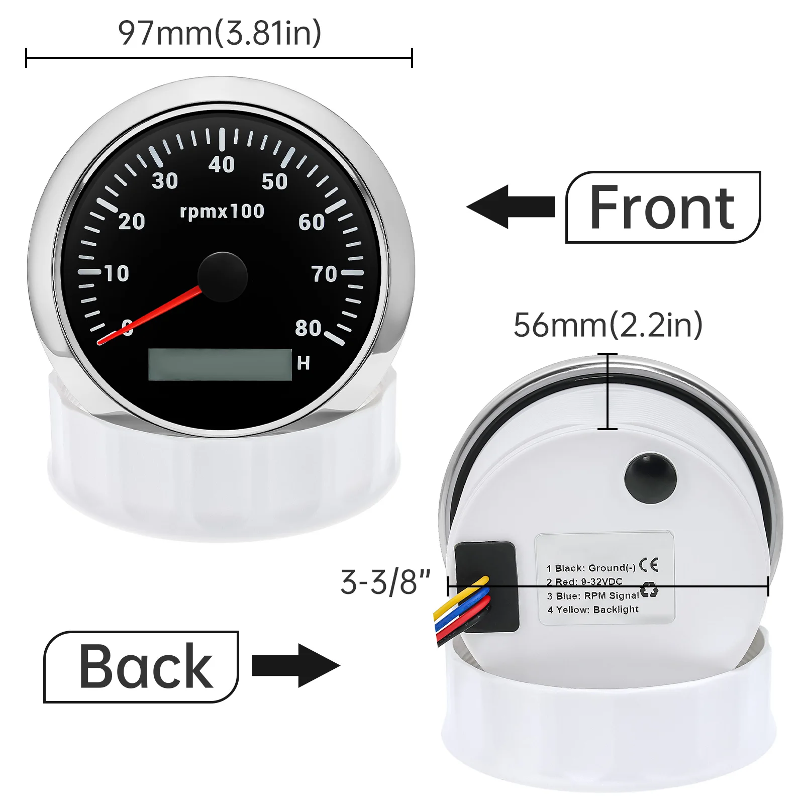 7-Farben-Hintergrundbeleuchtung 85mm Auto-Marine-Drehzahlmesser 3K 4K 6K 7K 8K 8000RPM Umdrehungszähler mit LCD-Betriebsstundenzähler 12V/24V – Detail 7
