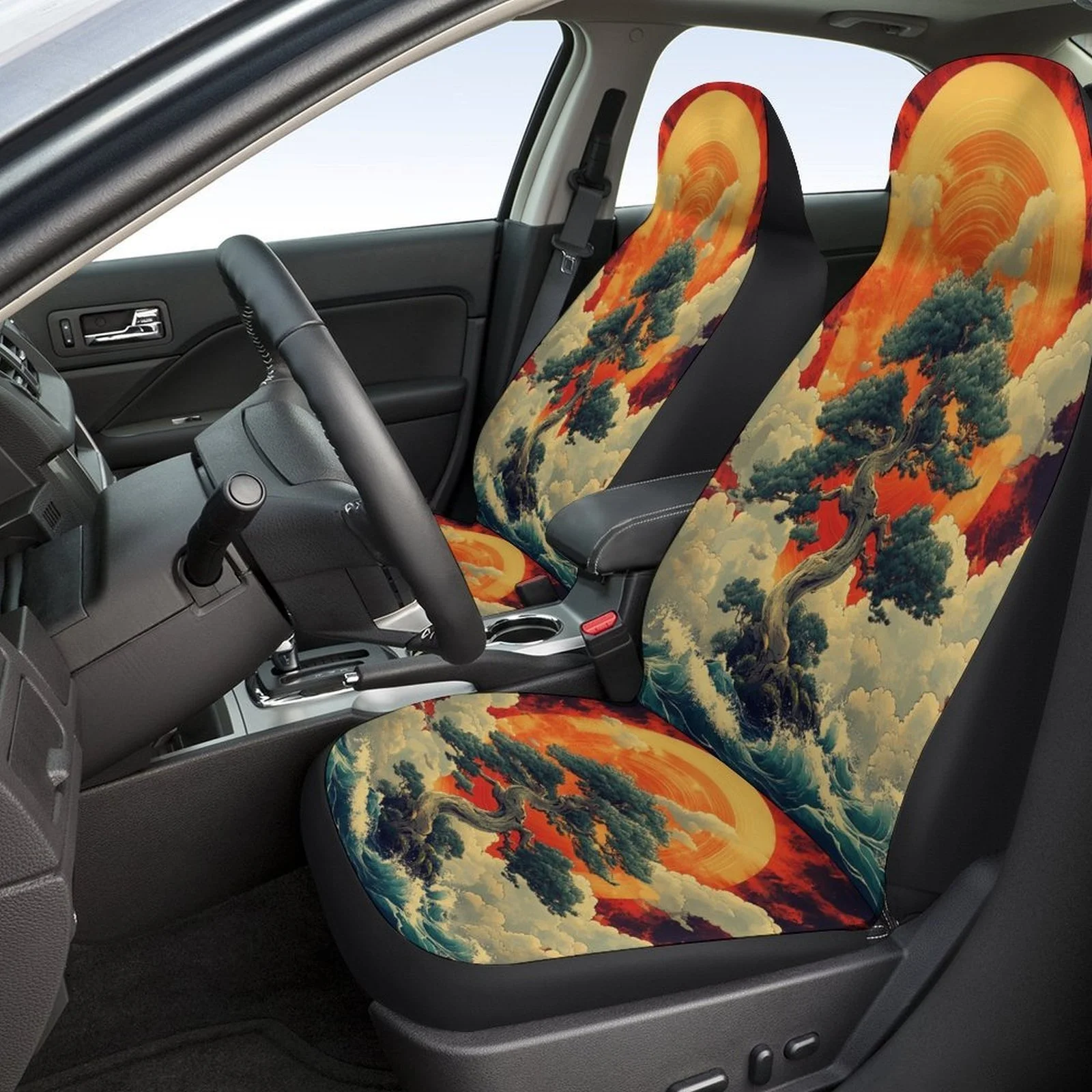Set Of Car Seat Covers Featuring An Ocean Sunset And Tree Design, Suitable For Most Vehicles. This Trendy And Unique Full Set In