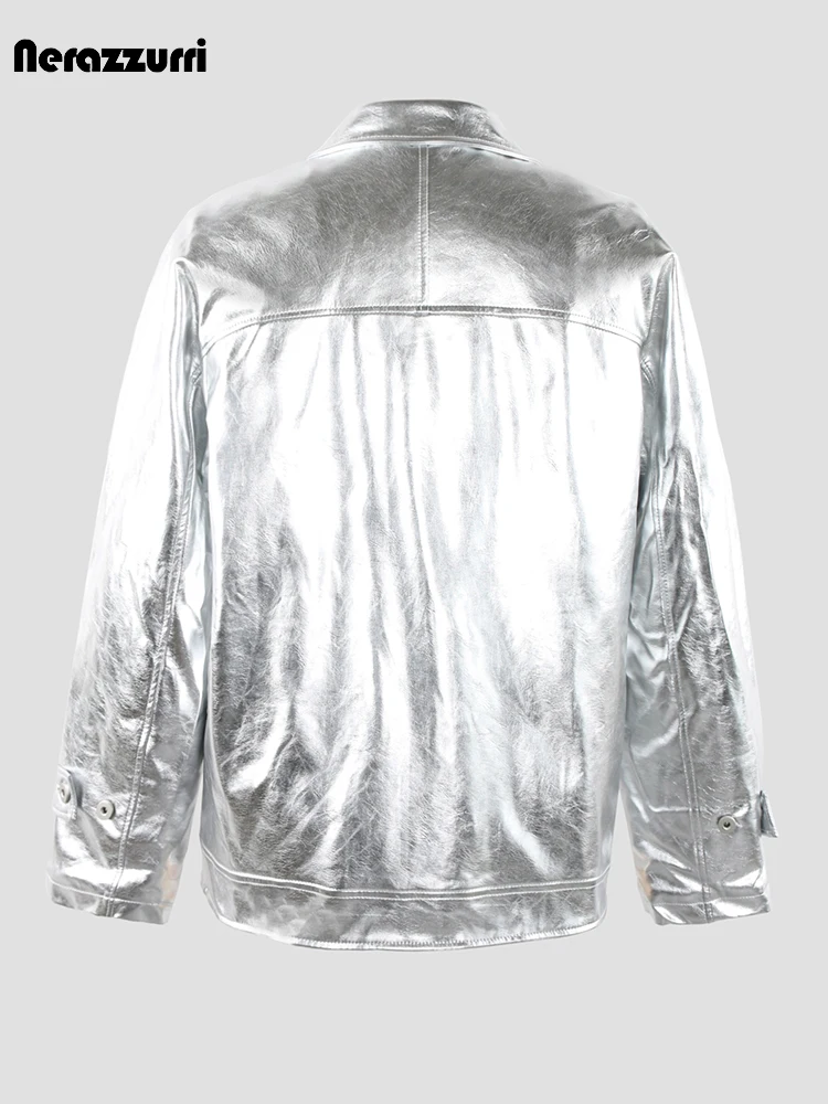 Nerazzurri Autumn Winter Shiny Reflective Silver Patent Pu Leather Jacket Women with Raglan Long Sleeve Unisex Quilted Clothes