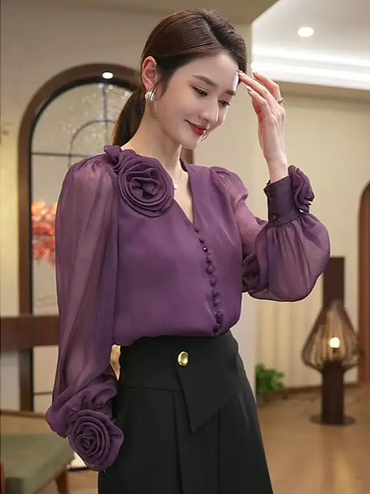 Women Trendy 3D Flower Design Luxury Chic Shirt Office Lady Elegant Commute Blouse Spring Summer Solid V Neck Long Sleeve Tops
