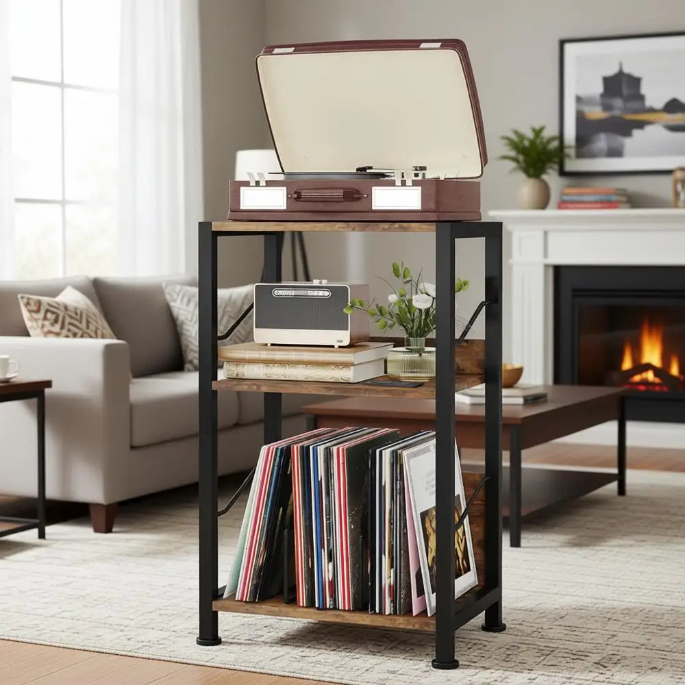 

Трехуровневая винтажная подставка для виниловых пластинок, приставной столик для гостиной или спальни (коричневый)