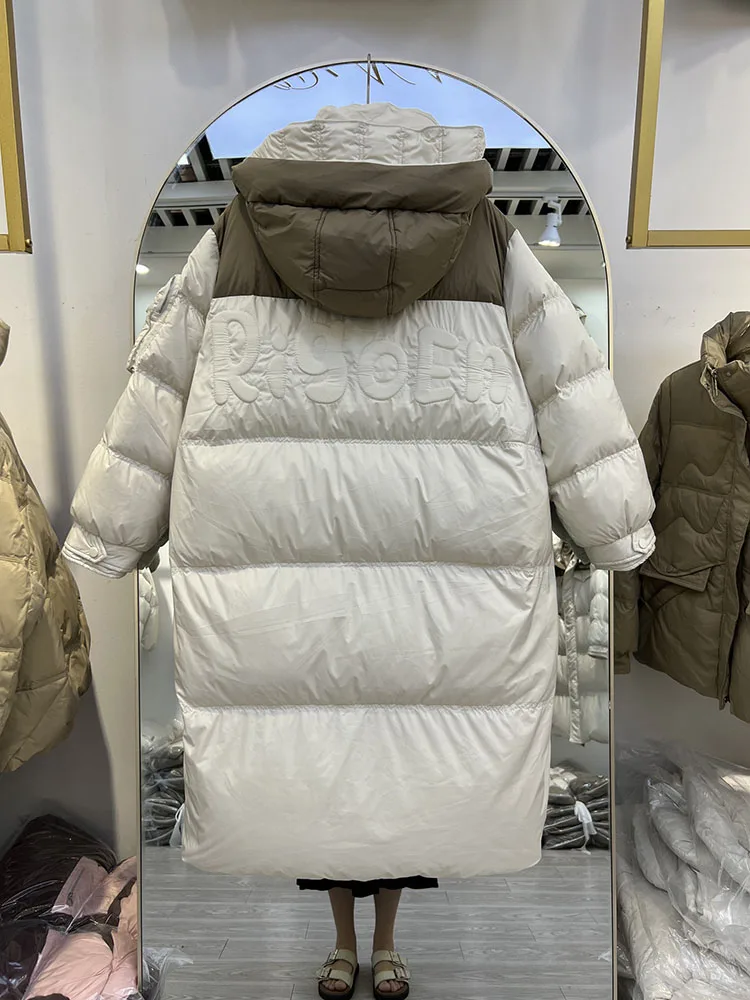 Winter new down jacket women's long hooded over the knee fashion multi pocket contrasting splicing white duck down jacket