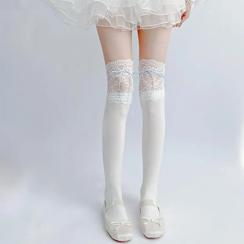 Ballet Style Over The Knee Socks Cute Lace Bow Design Girls Long Openwork Socks For School Uniform JK Style Cosplay Accessory