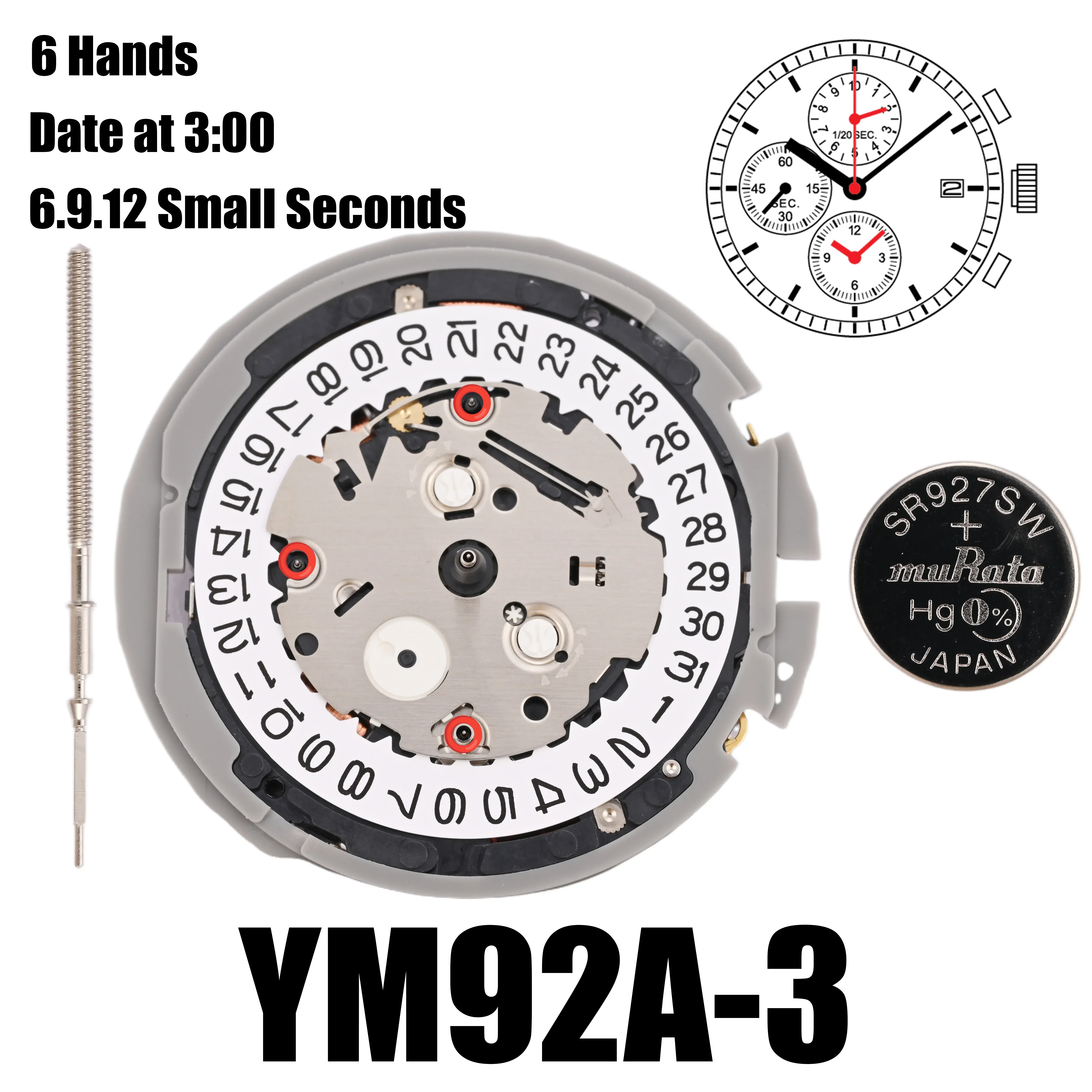 YM92 Movement YM92A Movement 6 Hands 6:00/9:00/12:00 Small Seconds Size : 12'''Height: 3.70mm 1/20 Sec. Chronograph