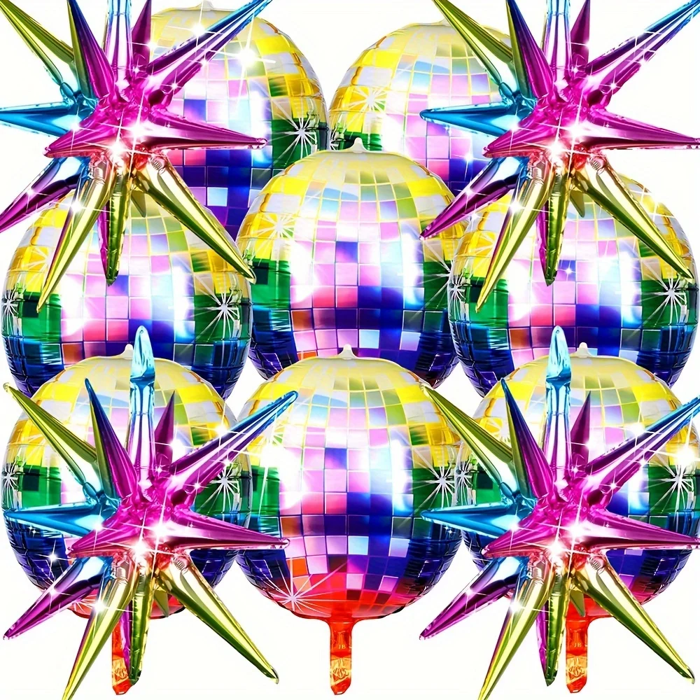 Paquete de 12 globos de discoteca coloridos de 22 pulgadas, 8 globos de discoteca coloridos, 4 globos de estrellas explosivas de colores, globos de aluminio, adecuados para fiestas musicales y diversas decoraciones para fiestas