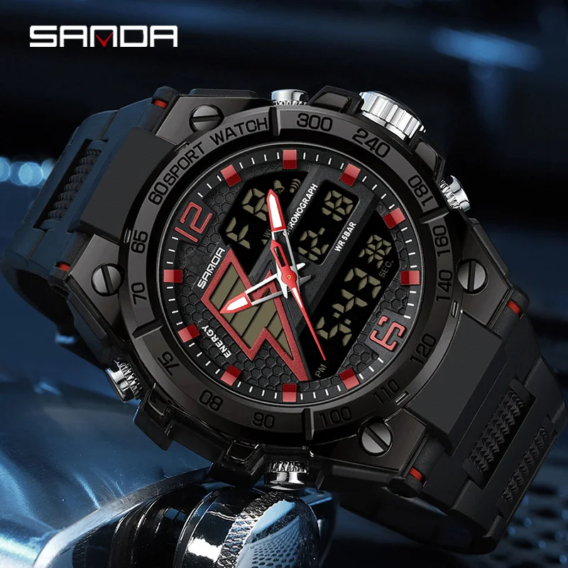 Sanda 6137 topo de luxo quartzo relógios masculinos esporte militar led luminoso 5atm à prova dwaterproof água relógio de pulso casual relogio masculino