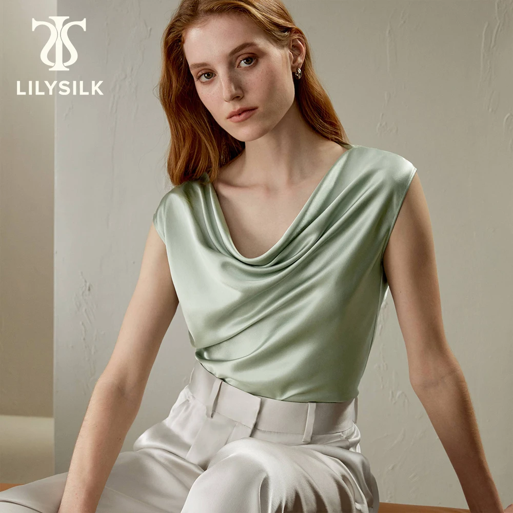 

LILYSILK Silk Top 2024 Summer New 22 Momme Charmeuse Cowl Neck Tee Elegant Lady Casual Versatile T-shirt Free Shipping