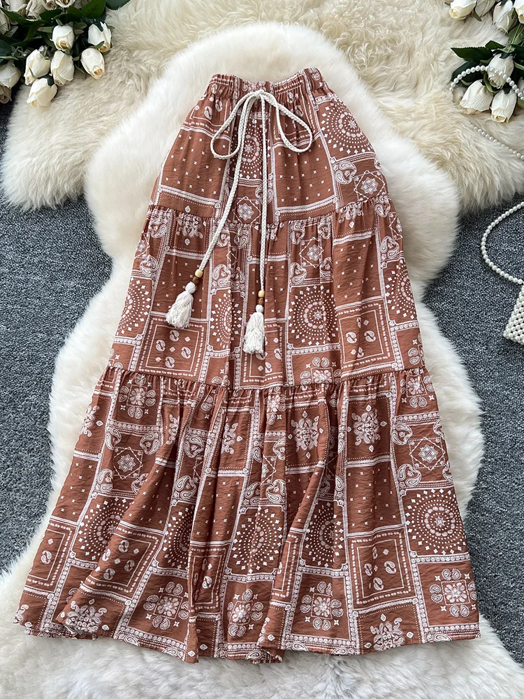 

Женская летняя юбка трапециевидной формы средней длины с высокой талией и эластичной резинкой на талии в богемном стиле для отпуска SK057