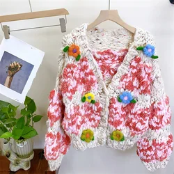 Women Multi Color Floral Handmade Warm Chunky Knit Cardigan Thick Loose Top 2023 Autumn Winter New In