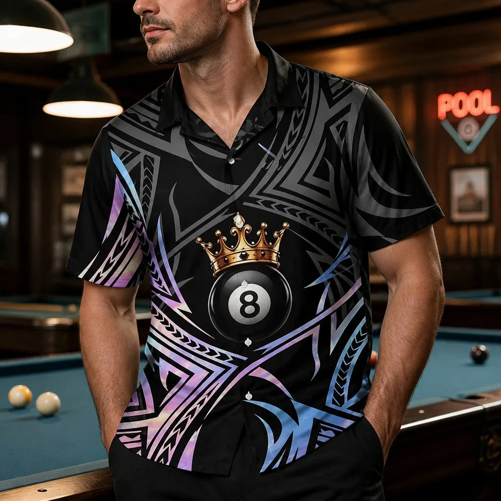 Men's Crown 8 Ball Billiard Shirt Short Sleeve Button Down Abstract Graphic Casual Summer Bowling Streetwear Party Wear