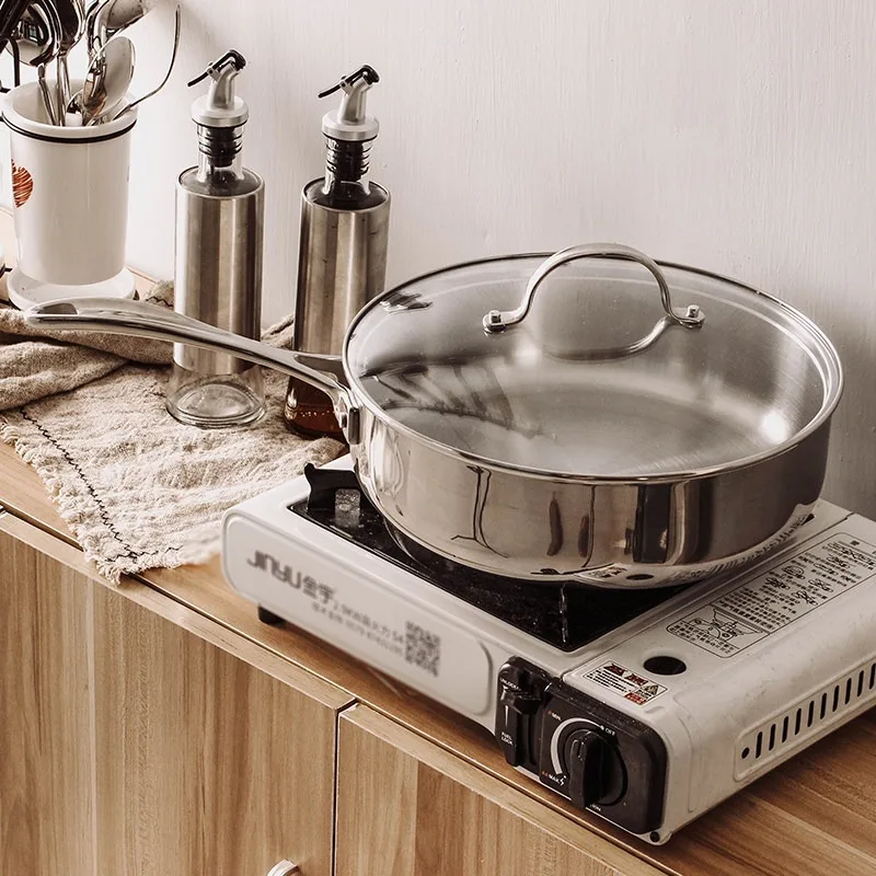 Stainless Steel Deep Saute Pan 28cm Single Handle Frying Cooking Cookware Multi-Purpose Steak Saucepan with Lid Kitchen Supplies