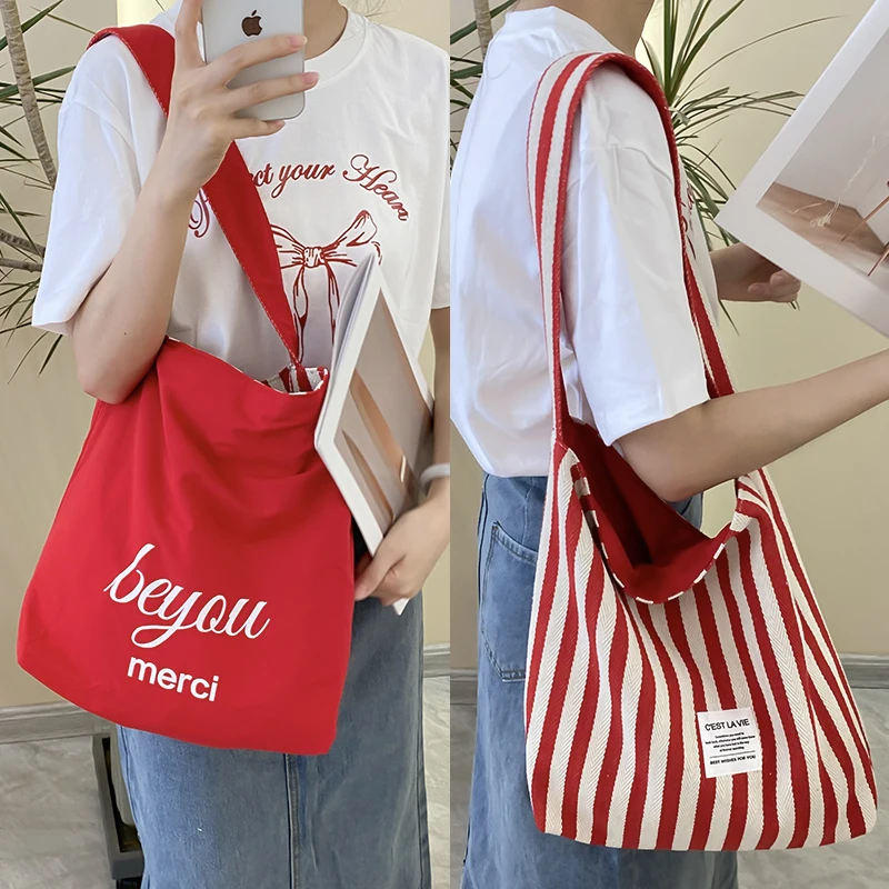 Stripe Canvas Women Shoulder Bag Reversible Design Ladies Eco Cotton Cloth Versatile Purse French Letters Female Shopping Bags