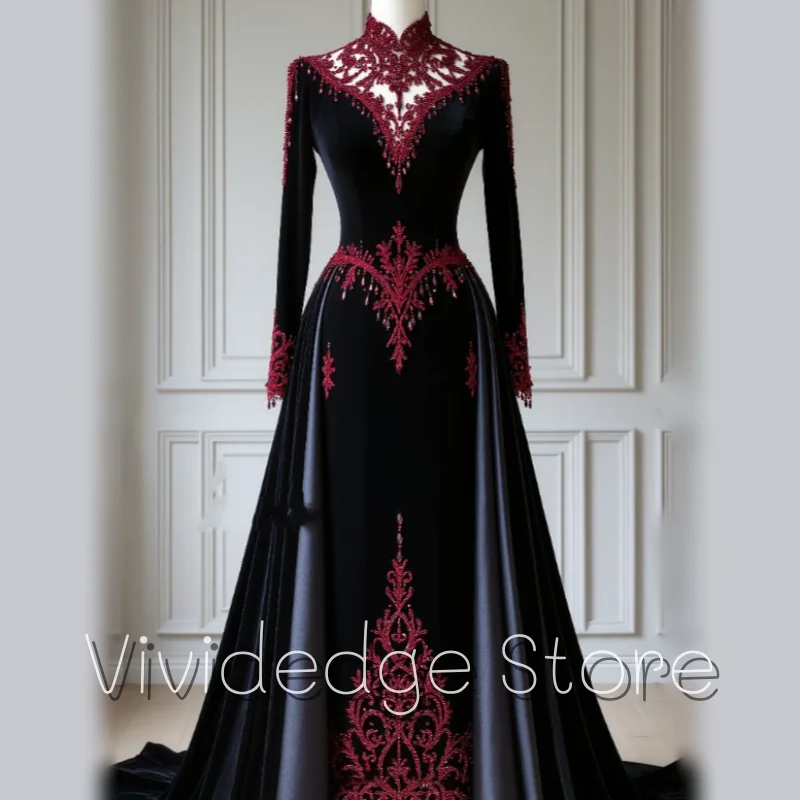 Customised Elegant Black Arabian Women's Evening Velvet Long Sleeve Lace Appliques Trailing Floor Length Happy Prom Dresses