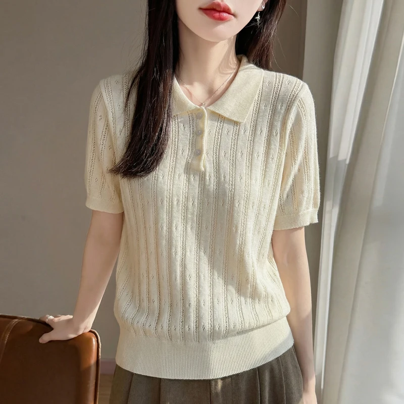 High-grade polo neck wool knitted short-sleeved T-shirt female hollow crochet slim lapel half sleeve