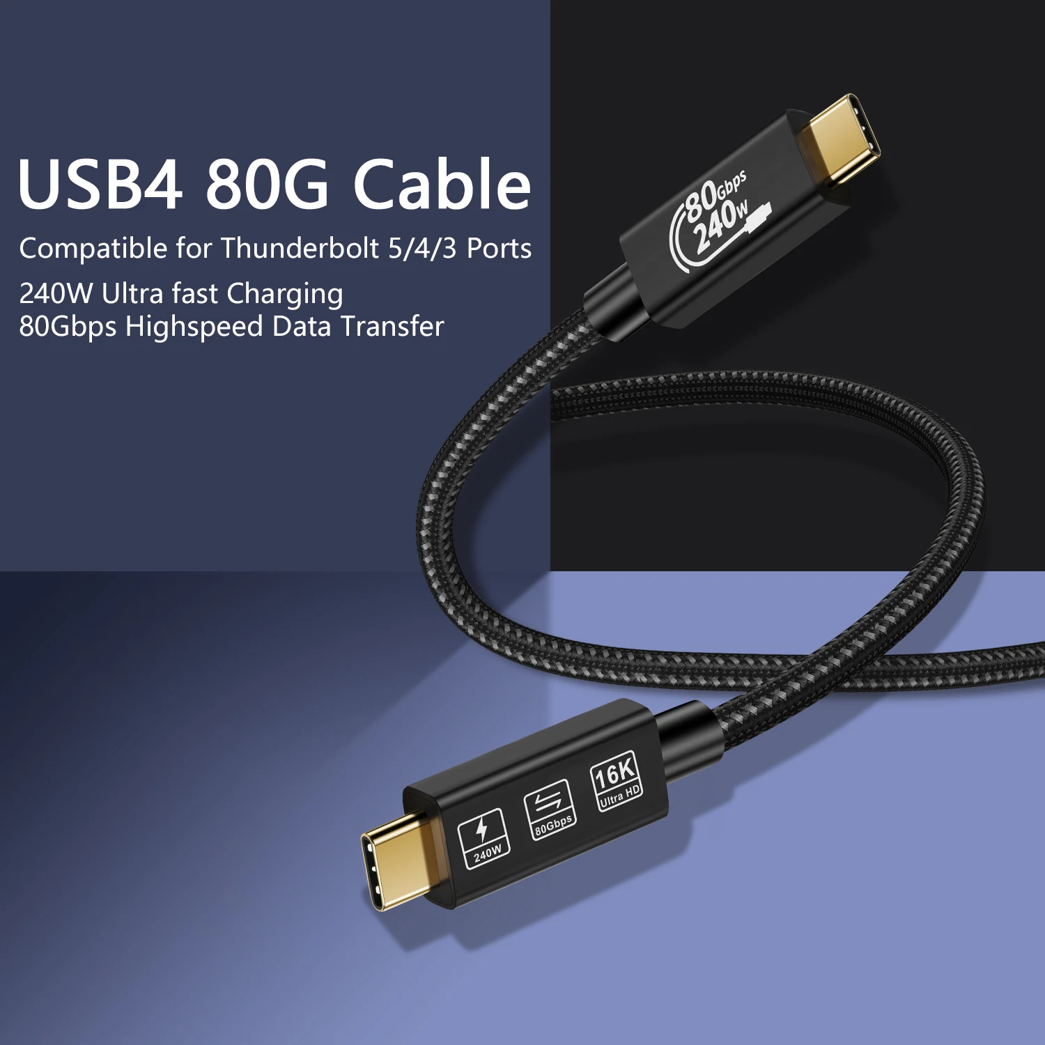 CABLEDECONN 80Gbps Thunderbolt 5 Cable with up to 120Gbps Bandwidth Amplification and 240W Charging Power