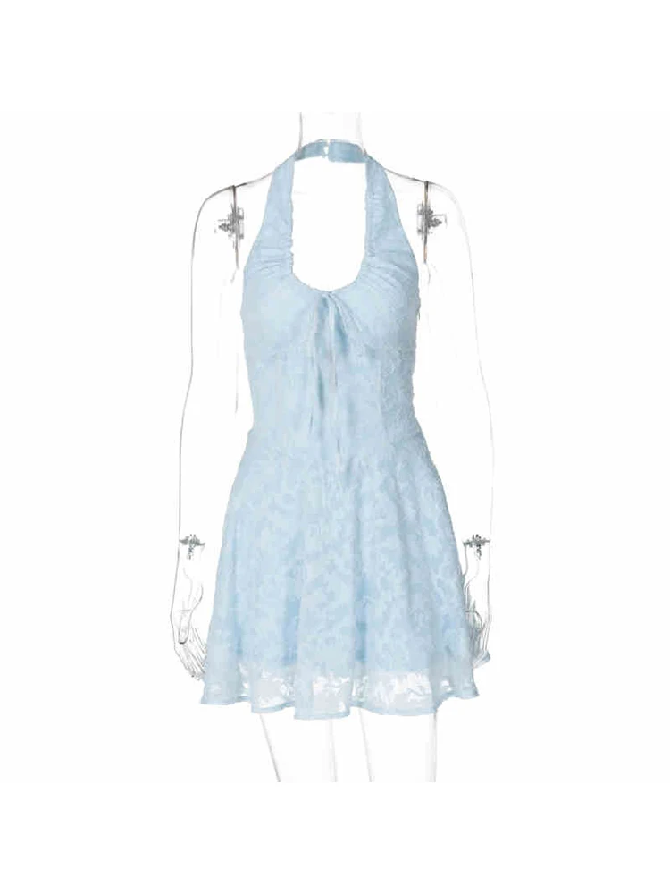 Women Blue A-line Lace Dress Vintage Sleeveless Off Shoulder Mini Dresses Y2k Elegant Party Club One Piece Frocks 2000s Clothes