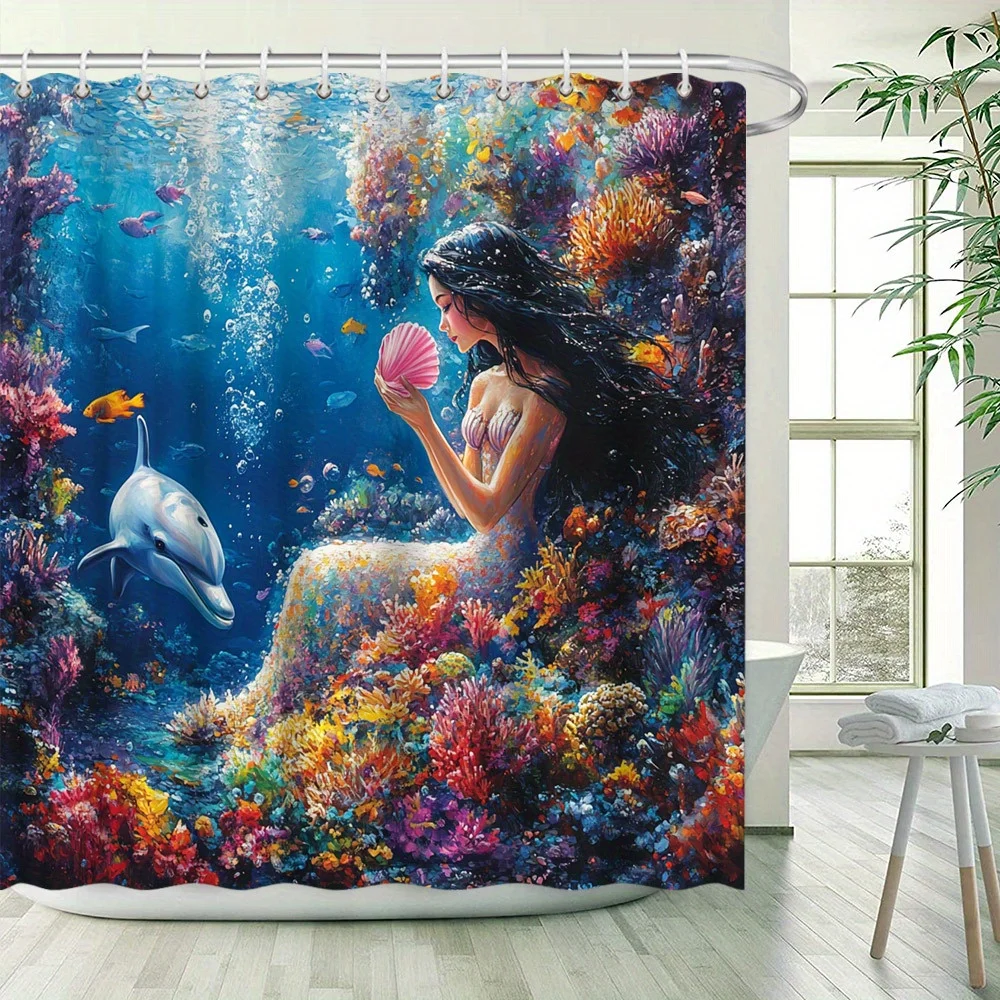 Mermaid and Dolphin Undersea Waterproof Shower Curtain for Bathroom Decor, Vibrant Art Design, Unique Style, Modern Fashion