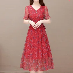Available in Five Colors 2023 Summer New Floral Print V-Neck Bandage Ruffle Short Sleeve Sheer Mesh A-line Midi Dress Female