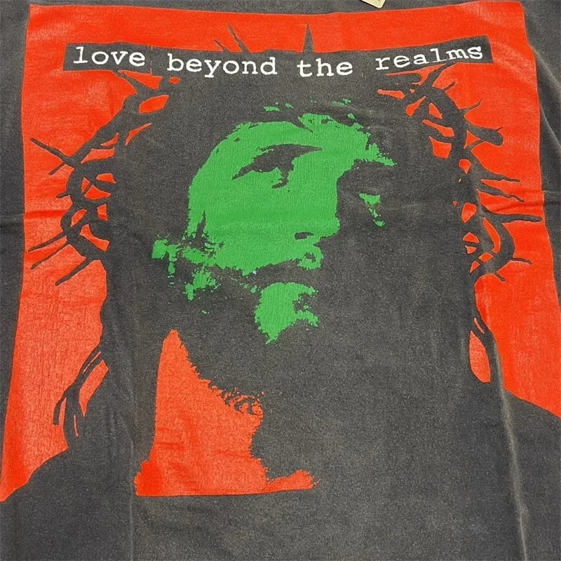 

25SS принт Иисуса SAINT MICHAEL из чистого хлопка с короткими рукавами для мужчин и женщин 1:1, лучшее качество, потертые топы в стиле ретро, футболка